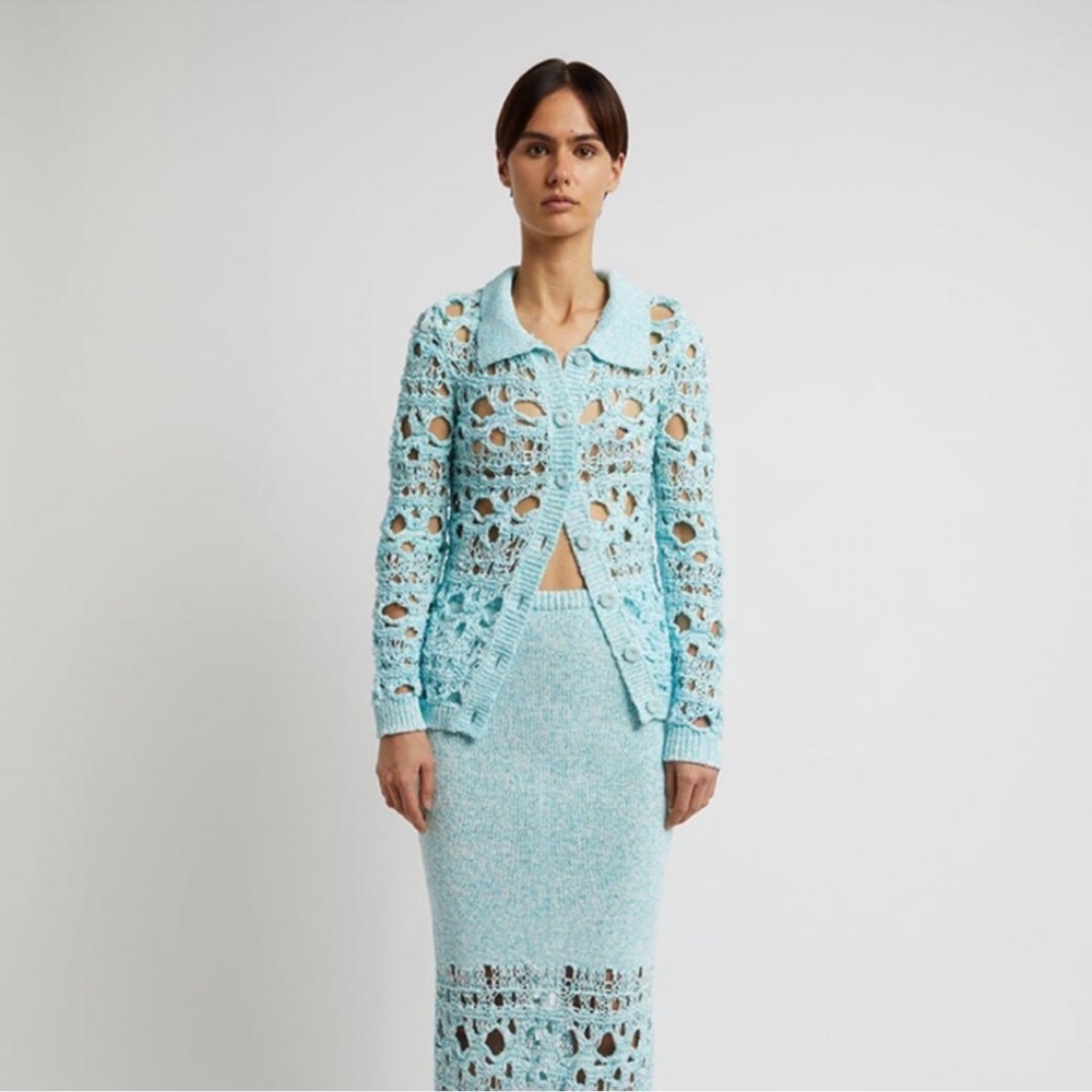 BNWOT CHRISTOPHER ESBER Crochet Button Up Blue Cardigan Size Small - Picture 2 of 4